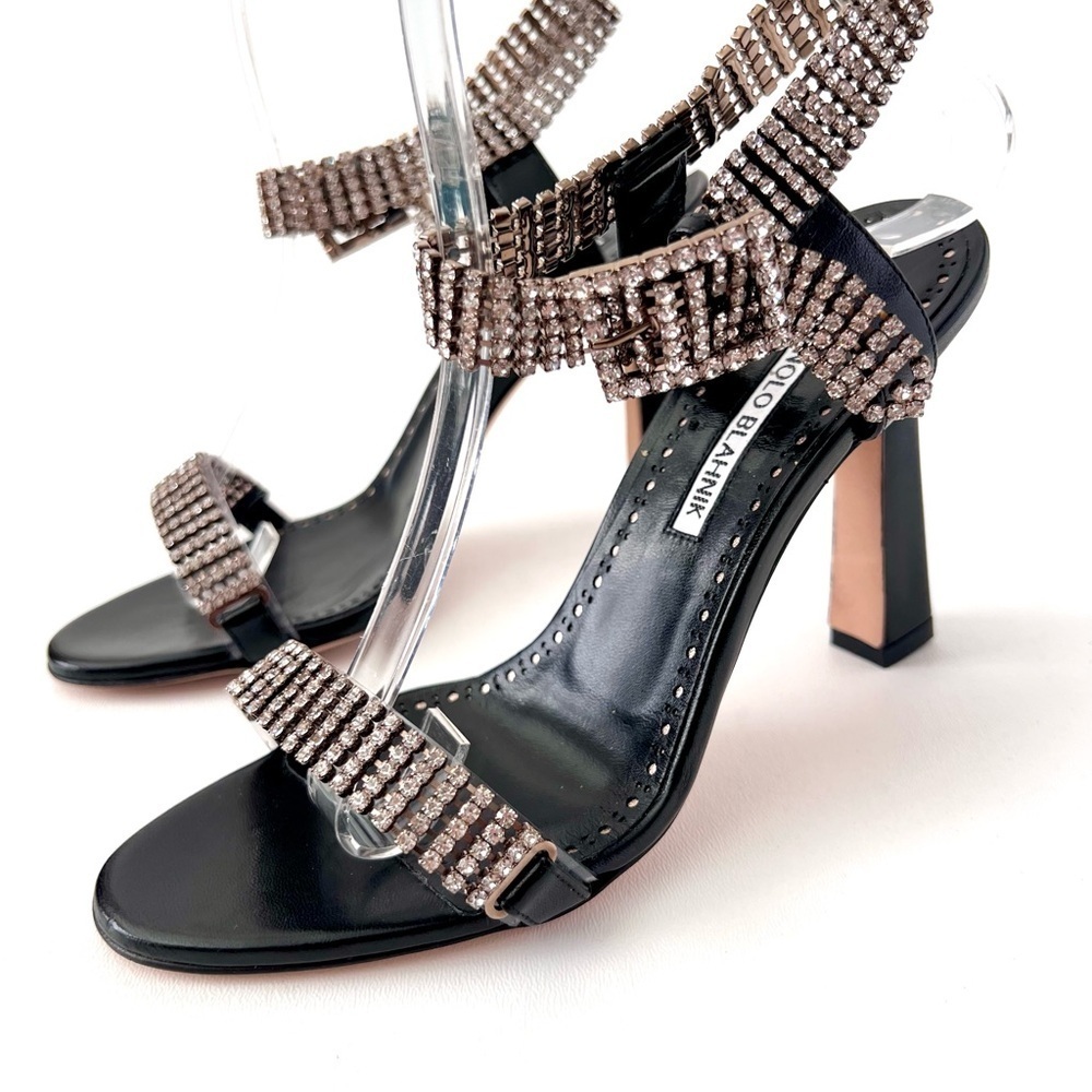 MANOLO BLAHNIK | Bashifa Black Leather‎ Jewel Ankle Bracelet Strap Sandal US 6 - Picture 6 of 14